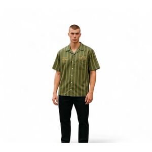 Wesc Mens Camper Mechanic Shirt Olive Stripe Button Up‎ Short Sleeve